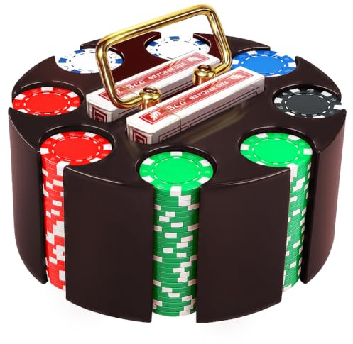 Poker Set, 200pcs 11.5gr Hefty Casino Chip Set with Solid Wooden Rotating Carousel Case and 2 Decks of Game Play Cards Kit for Beginners Casual and Professional Holdem Blackjack Poker Players