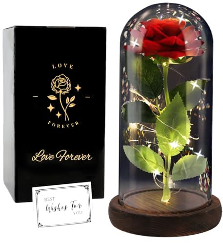 FAYODO Die Schöne und das Biest Ewige Rose, Rote Galaxie Rose Geschenk für Mama, Rose in Einer Glaskuppel mit LED Licht Holzsockel für Freundin Frau am Muttertag Geburtstag Valentinstag Jahrestag