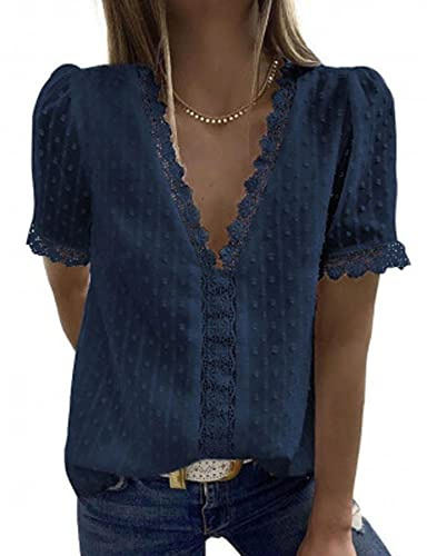 Bipily Blusa Magliette Donna Camicia a Manica Corta Sbuffo Eleganti Scollo a V Pizzo Bluse T Shirt Tops(Blu Navy,M)