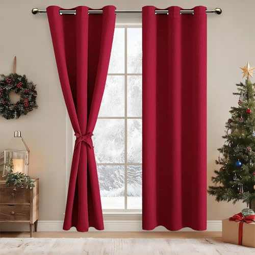 DWCN Gardinen Blickdicht Verdunkelungsvorhang mit Ösen Vorhänge Wohnzimmer | Rot, 228x117cm(HxB), Gardinen mit Vorhang-Krawatten, Thermovorhang Kälteschutz 2 Stücke Abdunkelnde Vorhang Schlafzimmer