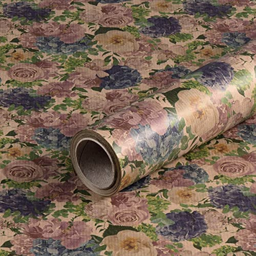 Geschenkpapier Blumen blau und lila, Geburtstagspapier, Kraftpapier, 0,70 x 10 m