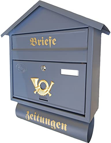 Pachurka & Dąże Großer Briefkasten/Postkasten XXL Farbe: Anthrazit/Grau RAL 7016 mit Zeitungsrolle + Montagematerial Zeitungsfach Zeitungsrohr (Spitzdach)