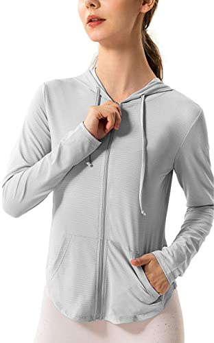 Hanyomo Femmes Manches longues UPF 50 + écran solaire Veste Hoodie Fitness Avec poches Yoga Fermeture éclair complète Athlétique Jacket Gris M