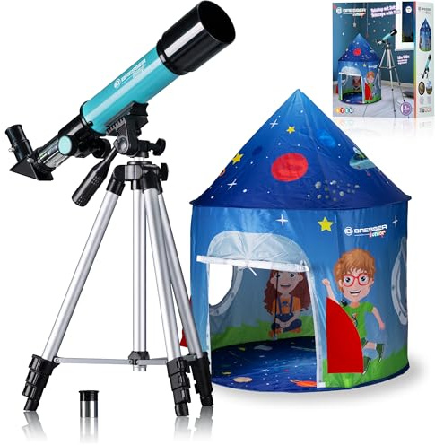 Bresser Junior telescopio 50/360 per bambini – Set per principianti astronomia con tenda, telescopio rifrattore, treppiede, montaggio azimutale, oculari e specchi Zenite, blu