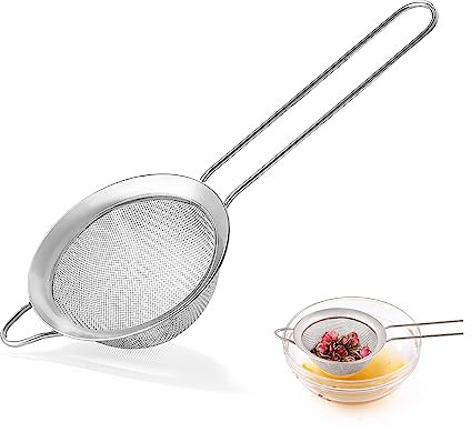 COKUMA - Colador de malla fina para cocina, acero inoxidable de metal pequeño, colador de cóctel, colador de té, café, zumo, colador de alimentos con mango (3.35 pulgadas, plateado)