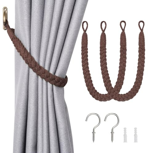 Pretty Jolly Vorhang Raffhalter aus natürlichem Baumwollseil, eleganter, dekorativer Vorhang-Raffhalter im Boho-Stil, weiche, handgewebte Seil-Vorhanghalter für Zuhause und Büro, Kaffee, 2 Stück