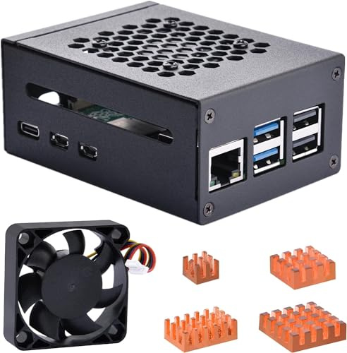 GeeekPi Metallgehäuse für Raspberry Pi 5, Unterstützt PCIe M.2 NVMe SSD Shield Top X1001 / X1000 / N04 / N05 & Raspberry Pi 5 Active Cooler, mit Lüfter und Kühlkörpern