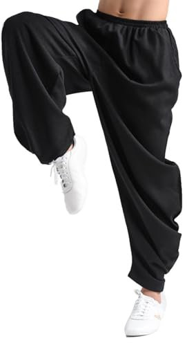 Kampfsport Taiji Training Hose für Damen Yoga Haremshose Qigong Shaolin Baumwolle Plus Seide Weite Beine Elastische Taille Kung Fu Hose (DE/NL/SE/PL, Alphanumerisch, M, Große Größen, Regular, 003)