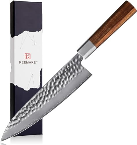 KEEMAKE Coltelli da Cucina Professionali - Coltello Giapponese Stile in 3 Strati Acciaio, Coltello Chef 20 cm Finitura Specchio, Manico Ottagonale in Legno