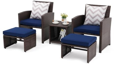 OC Orange-Casual 5 Pcs Patio Conversation Set Balcony Furniture Set with Cushions, Brown Wicker Chair with Ottoman, Storage Table for Backyard, Garden, Porch, Blue