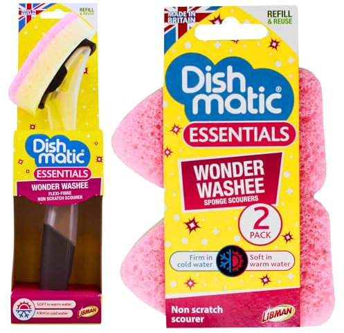 Non Scratch Sponge Scourers Bundle With Fillable Washing Up Handle and Non Scratch Sponge Scourer Wonder Washee Refills 2 Pack