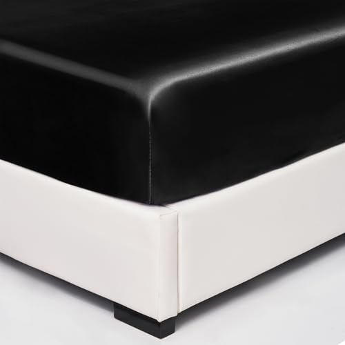 Wotcsil Satin Spannbettlaken 180x200cm Schwarz für Matratze Boxspringbett Topper bis 30 cm Satin Seide Spannbetttuch Bettlaken Elastisch Deluxe Unifarben Spannbetttuch Polyester-Satin