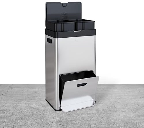Perbyste Cubo de basura alto con tapa, cubo de basura vertical de acero inoxidable de 56 L de doble nivel con combo de reciclaje para oficina e interior