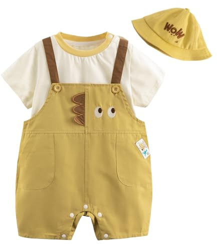 Volunboy Sommardräkter för barn, unisex set med 3 kortärmad t-shirt och overaller dinosaurie med hattar söt nyfödd kostym, Gul dinosaurie, 12-18 M�nader