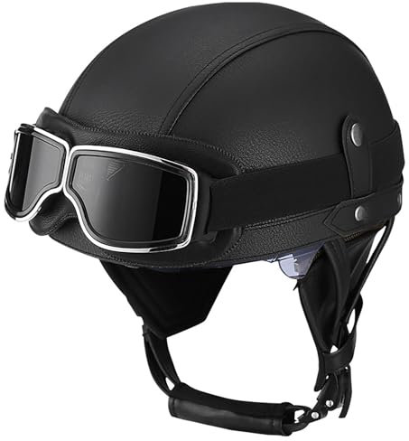 EBAYIN Casco Moto Casco Jet Vintage Aperto Casco Adulto Casco Moto in Pelle Omologato ECE con Occhiali Casco Moto retrò A Sgancio Rapido Casco Ciclomotore Casco Scooter Uomo Donna(L,L=(59~60cm))