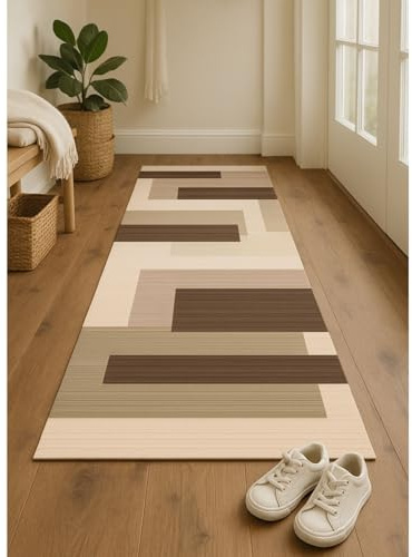 LIKE IT MORE Modern Teppich für Wohnzimmer, Schlafzimmer, Küche und Flur - Waschbarer Rutschfester Teppichläufer - Großer Teppich Läufer Beige Grau Blau Weiß 80x300 (Jupiter Braun)