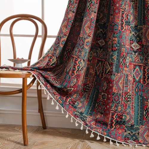 USTIDE Rideau à pampilles style shabby chic bohème - Motif géométrique multicolore Farmhouse, Semi-occultant assombrissant, Avec passe-tringle - 150 x 220 cm (1 panneau)