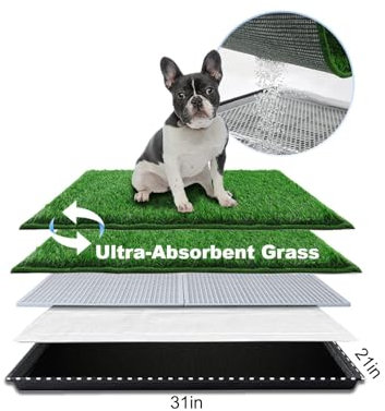 HQ4US 4LEGS Dog Grass Pad with Tray Medium 31”×21”, Dog Litter Box with Odor Free Artificial Grass Pee Pads for Dogs Potty Tray with Hemmed Edge, Realistic for Indoor Balcony