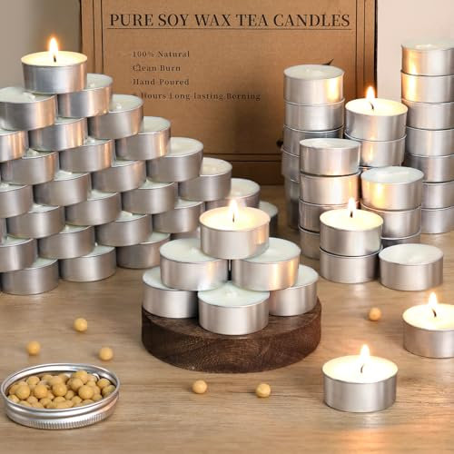 100 Pcs Soy Wax Tealight Candles,100% Natural- 6 Hours Long Burning Soy Tea Lights Candle, Paraffin-Free/Unscented Tea Candles for Party, Home, Wedding, Emergency