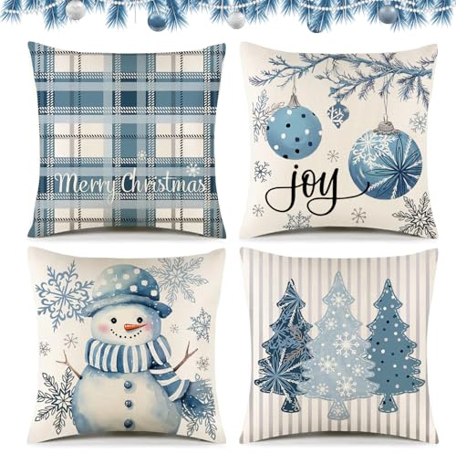 VeIef 4 Stück Kissenbezug 40x40 cm Weihnachten, Leinen Dekokissen Kissenbezug Weihnachten, Weihnachts Kissenbezüge mit Motiven von Schneemann Weihnachtsbaum Deko-Mustern (40x40,Blau)