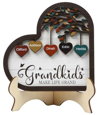 Jeweidea Arbre de Vie Personnalisé en Bois Gravé 1-10 Noms Texte Arbre Généalogique Décoration de Bureau pour Maison Cadeau pour Famille Noël Fête des Mères (Noms 5)