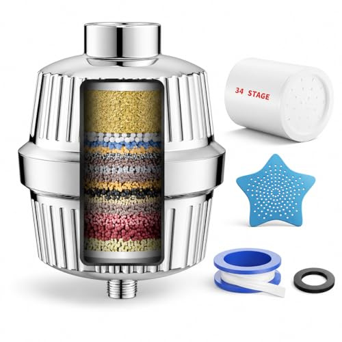 Cobbe 34 Stufen Duschfilter mit Vitamin C für Hartes Wasser, Kalkfilter Dusche mit 2 Filterpatrone zur Entfernung von Chlor und Schwermetallen, Shower Filter Chrom