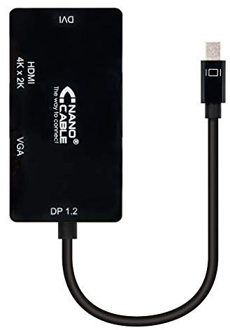 Convertitore Mini DP a VGA/DVI/HDMI 3 in 1 nero, lunghezza 15 cm. Questo versatile adattatore è ideale per collegare il tuo dispositivo Mini DisplayPort a schermi con ingressi VGA, DVI o HDMI.