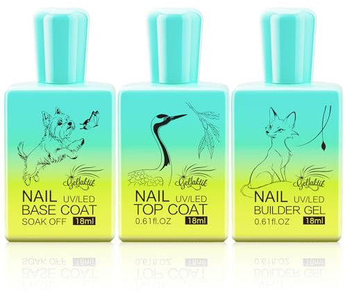 GELLAKTIK 3 Pcs 18ml Gel Base Coat, Builder Gel & No Wipe Top Coat Set - Foundation & Thickening Combination for Long-Lasting Shine, DIY Nail Art, UV/LED Light Cure, Perfect Manicure Gift for Women
