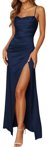 Damen Spaghettiträger Satin Brautjungfernkleider Hochzeit Lange Elegant Ballkleider A-Linie Abendkleid mit Schlitz Sexy Ärmelloses Maxikleid Korsett Plissee Kleider