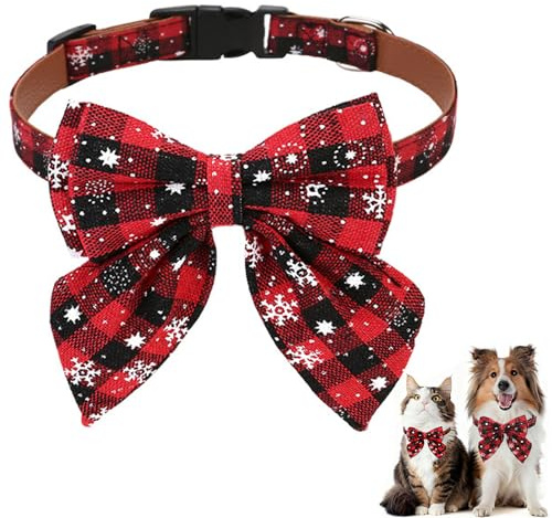 CHAOTEMAI Hundfluga jul justerbar passform hundhalsband med rosett halsband katt personligt rutigt tryck hundhalsband för fester med tema husdjur sessioner bilder (1,5 x 35 cm)