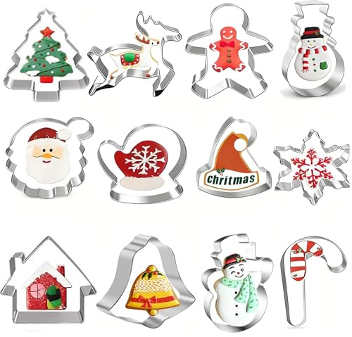 Ensemble de 12 Emporte-pièces de Noël en Acier Inoxydable - Moules à Biscuits Festifs Sapin, Renne, Flocon de Neige - Cadeau Baking DIY pour Moments en Famille (Noël A)