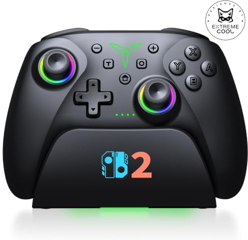 Switch 2 Controller für Switch/OLED/Lite,RGB Lichteffekte Programmierung Pro Controller Wireless mit Ladestation und Turbo, Bluetooth Gamepad mit Hall Joystick Trigger Kein Drift und Dead Zones,Black