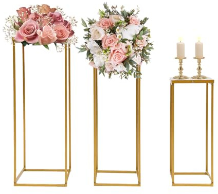 Libsaerty 3 pcs Column Vases Gold Centerpieces, Cylinder Stands for Parties & Plants, Golden 3-Tier Geometric Flower Stand Set - Modern Rectangular Plant Display Holder for Home, Wedding, Party Decor