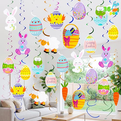 JOYIN 36 PCS Easter Decorations Egg Bunny Foil Swirl Party Hanging Decoration Huge Value Kit for Easter and Themed Party Home Office Supplies
