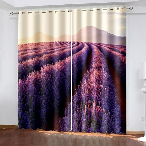Wycian Fertiggardinen Ösenvorhang Fenster Lila Gelb Braun 2 Er Polyester Berge und Lavendelfeld H115 X B86Cm für Schlafzimmer