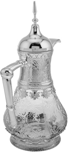 Ipetboom Pichet en Verre 1,6 L Style Arabe Moyen-Oriental Bec Verseur et Couvercle Argenté, Carafe à Eau Froide pour Réfrigérateur, Pichet à Thé Glacé et Boissons Fraîches, Accessoire de