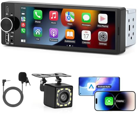 6,3 Zoll 1 DIN Autoradio mit Wireless CarPlay & Android Auto, Rückfahrkamera, Mirror Link, Freisprecheinrichtung, UKW-Radio, Lenkradsteuerung und Sprachsteuerung