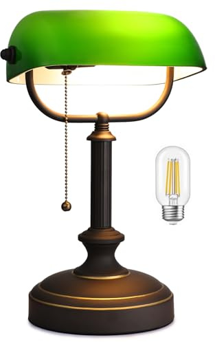 LOFOB Schreibtischlampe, Antikes Banker-Design, Grüner Glasschirm, Schwarz, Zugkettenschalter, Einsteckbar, für Bibliothek und Büro