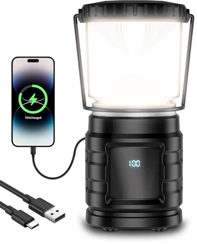 LED Campinglampe Aufladbar, USB C 8000mAh Camping Laterne mit Batteriestandsanzeige, 4 Lichtmodi & IP65 Wasserdichte, für Camping, Wandern, Angeln, SOS, Ausfälle