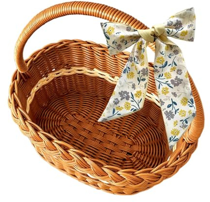 Korb im Vintage-Stil, Geflochtener -Aufbewahrungskorb, Marktkorb aus Kunststoff in Rattan-Optik mit Henkel und Schleife, Für Picknick, Lagerung, Garten, Outdoor, und