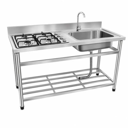 GrecoShop Lavello Cucina da Esterno in Acciaio Inox con Piano Cottura 4 Fuochi, Vasca con Gocciolatoio Reversibile, Fontana Inclusa, Mensola Inferiore e Tubo di Scarico, Cucina Outdoor 150 cm