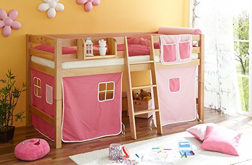 Hochbett Spielbett mit Schrägleiter Tipsi Buche massiv Natur teilbar, Vorhangstoff:Rosa Pink 3 teilig