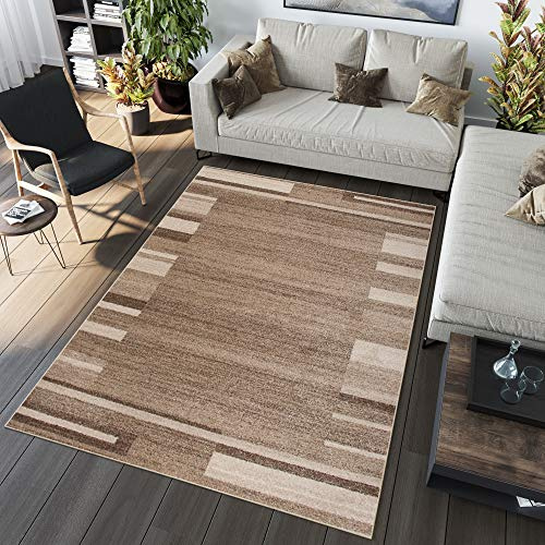 TAPISO Sari Teppich Kurzflor Beige Braun Streifen Bordüre 300 x 400 cm | Modern Design Meliert Verwischt Pflegeleicht Wohnzimmer Schlafzimmer OEKO-TEX