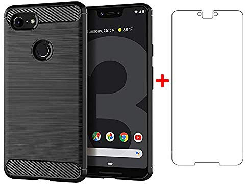 Phone Case for Google Pixel 3 XL and Tempered Glass Screen Protector Film Cover with Mobile Bumper Accessories Slim Thin Shockproof Full Body Soft TPU Silicone Rubber Rugged 3XL XL3 Pixel3xl Black