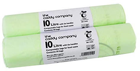 10L x 100 Tie Handle Compostable Kitchen Caddy Liners - Large Food Waste Bin Liners - EN 13432-10 Litre Tie-Handle Bags with Composting Guide