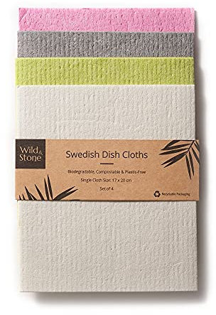 Wild & Stone | Swedish Dishcloth | Eco-Friendly Sponge Cloth | Biodegradable Kitchen Cloths Cleaning | Reusable Kitchen Sponge | Kitchen Cloth | Eco Cleaning | Kitchen Roll Alternative (1 x 4-pack)