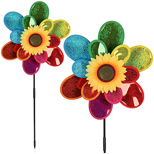 com-four® 2X Windrad bunt | Windspiel im Blumen-Design - Bunte Windmühle für Garten, Terrasse und Balkon