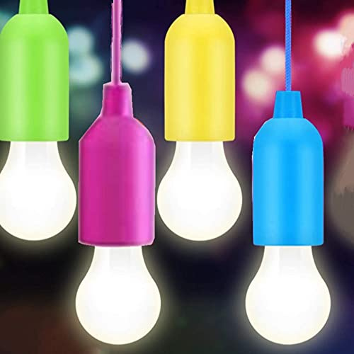 OUKEYI 4 Pack Coloured LED Pull Cord Light Bulbs，Portable Battery Operated LED Bulb On a Rope Camping Hanging Lamp for Party Wedding BBQ's Garden Decorative, Cold White [Energy Class A+++]