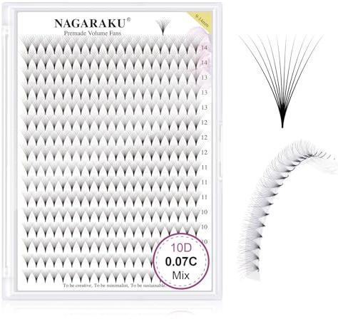 NAGARAKU 10D Volume Ciglia Extension 320 Fans Prefabbricate Gambo Lungo Ventagli Base Sottile A Punta Ciglia Finte Ciuffetti Fluffy Soffici Naturali Premade Fans Nere 16 Righe Box XL(0.07 C 9-14mm) | Ciuffi di base appuntiti stretti e sottili, morbidi ventagli russi voluminosi, extension professionali per ciglia da salone