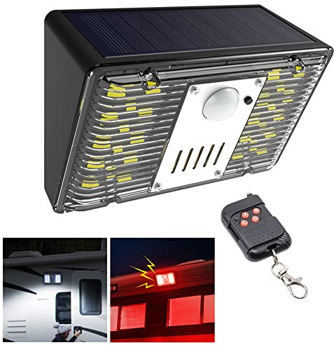 KEEDA Détecteur de mouvement solaire 129 dB avec alarme sonore et lumière stroboscopique, sirène d'alerte et lumière clignotante rouge et lumière de sécurité blanche pour camping-car, voyage, garage,